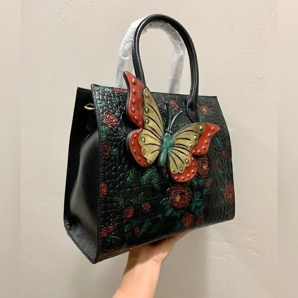 Hand Painted Genuine Leather Floral Embossed with 3D Butterfly Handbag